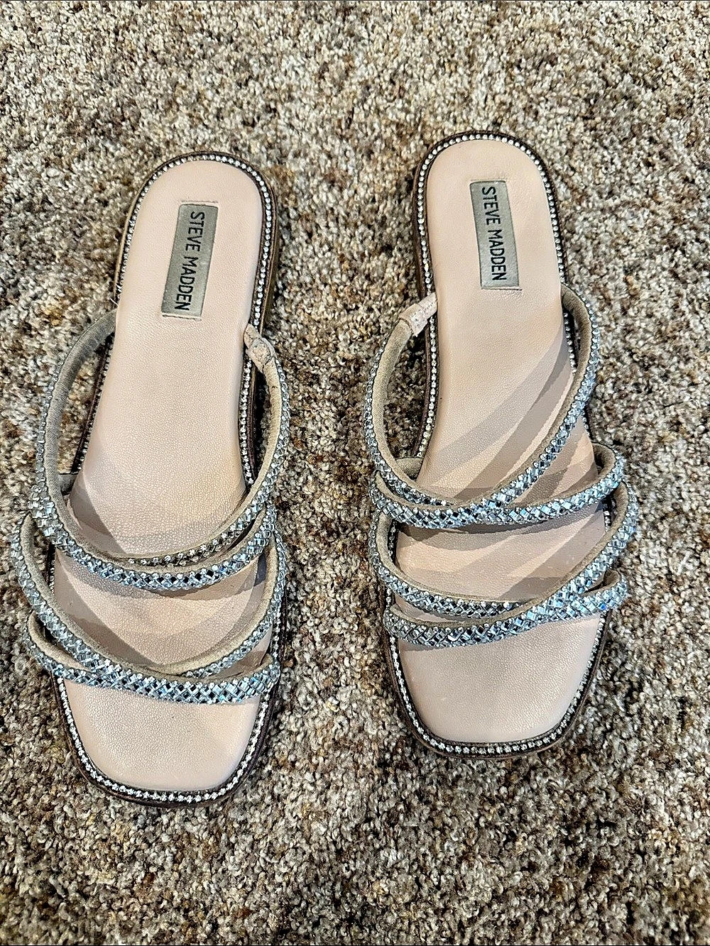Steve Madden Spice Rhinestone Flat Slide Sandal Tan & Silver US 9